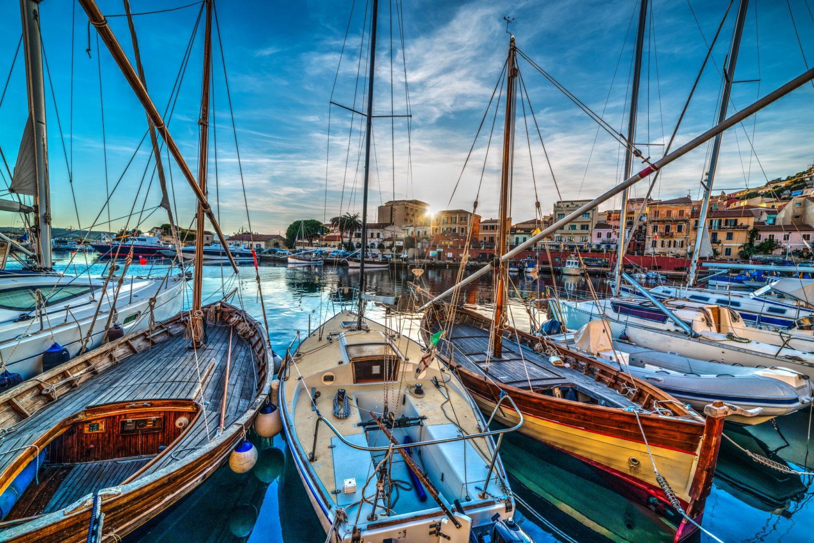 Wooden,Boats,In,La,Maddalena,Harbor,At,Sunset.,Sardinia,,Italy